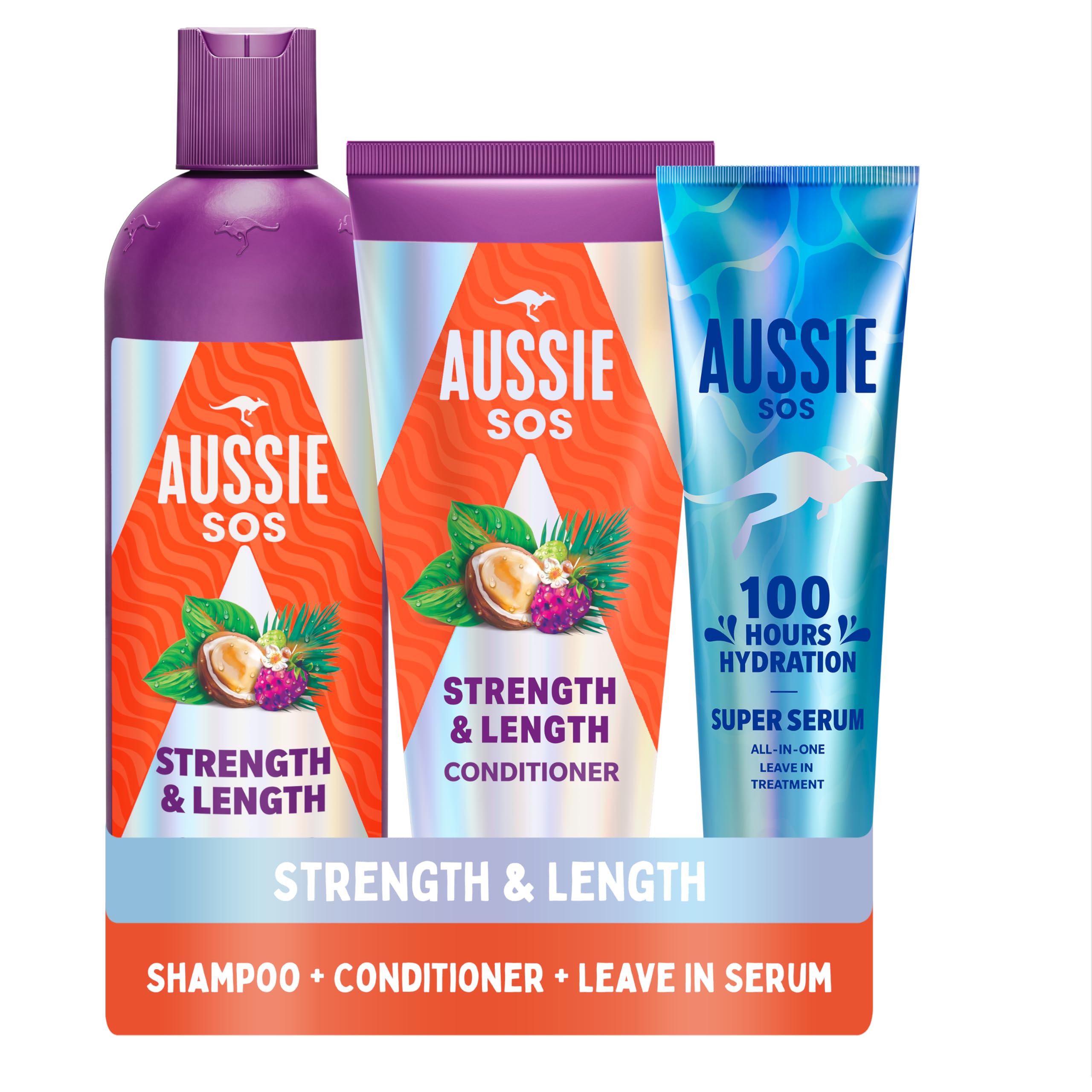 Aussie Strength & Length Shampoo, Conditioner & Super Serum Leave in Treatment Set (3er Pack) Hydratisieren & Stärken Sie langes, trockenes, geschädigtes Haar Glätten, Weichen, Entwirren, Verhindern