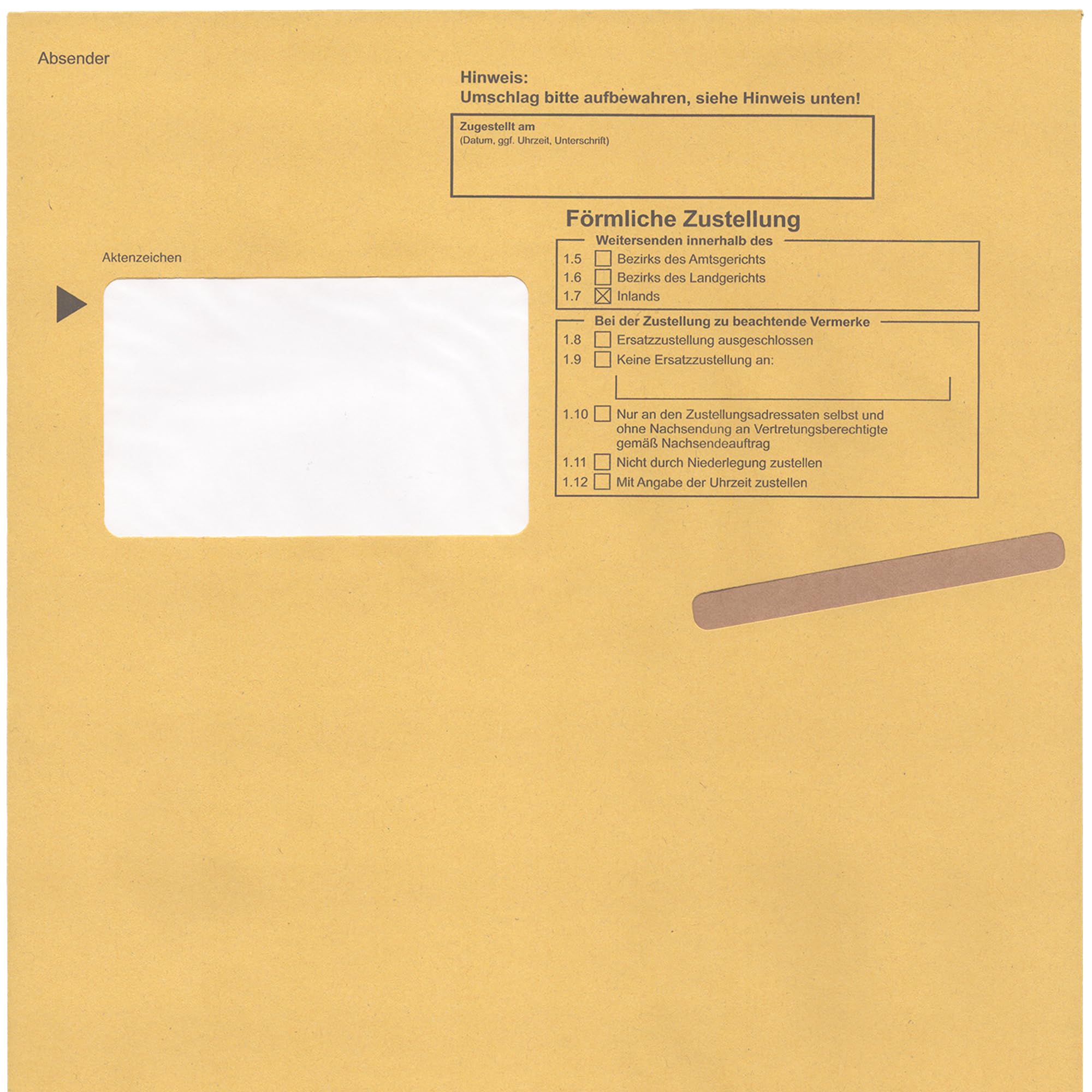 Postzustellungsumschläge C4 „ Förmliche Zustellung “ - Postzustellungshüllen C4 mit Fenster (229 x 324 mm), gelb, haftklebend, 100 g/m² Recyclingpapier – Einsteckschlitz & Inlet (Anzahl 100)