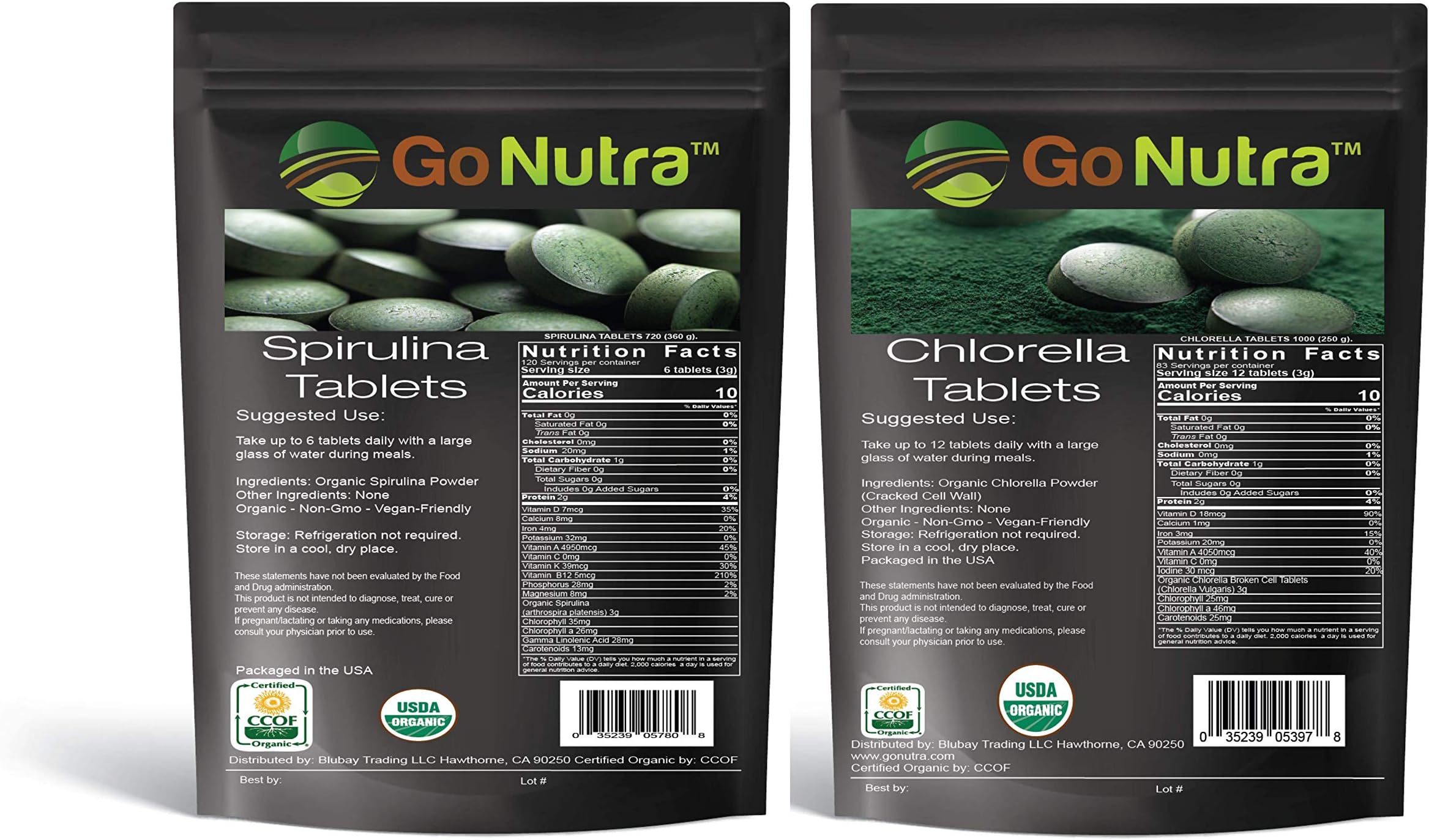 Go NutraSuperfood Chlorella Spirulina | 1,720 Tablets | Non-GMO | Vegan | Super Algae | Light Green Color | Cracked Cell Wall | Alkalizing | High Protein