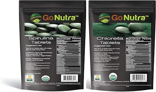 Go Nutra Superfood Chlorella Spirulina 1,720 tabletas Sin OMG Vegano Súper algas Color verde claro Pared celular agrietada Alcalinizante