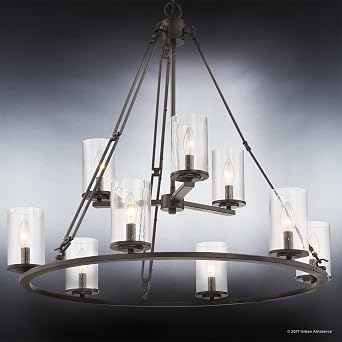 Urban Ambiance Luxury Industrial Two-Tier Chandelier, Large Size: 30 H x 33 W, with Western Style Elements, Rectangular Link Design, Elegant Estate Bronze Finish and Seeded Glass, UQL2131