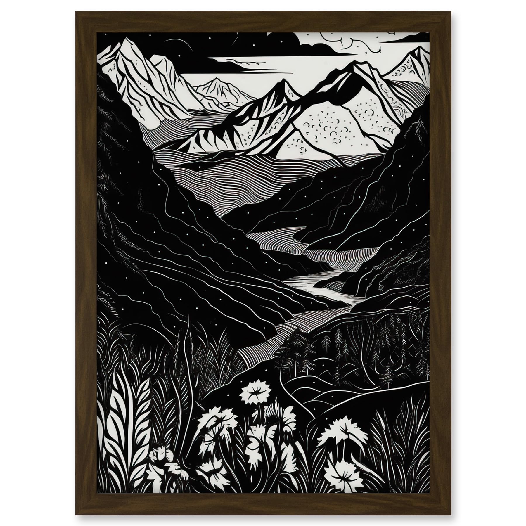 Artery8 Wildflowers in Spring Mountain Landscape Linocut Artwork Framed A3 Wall Art Print