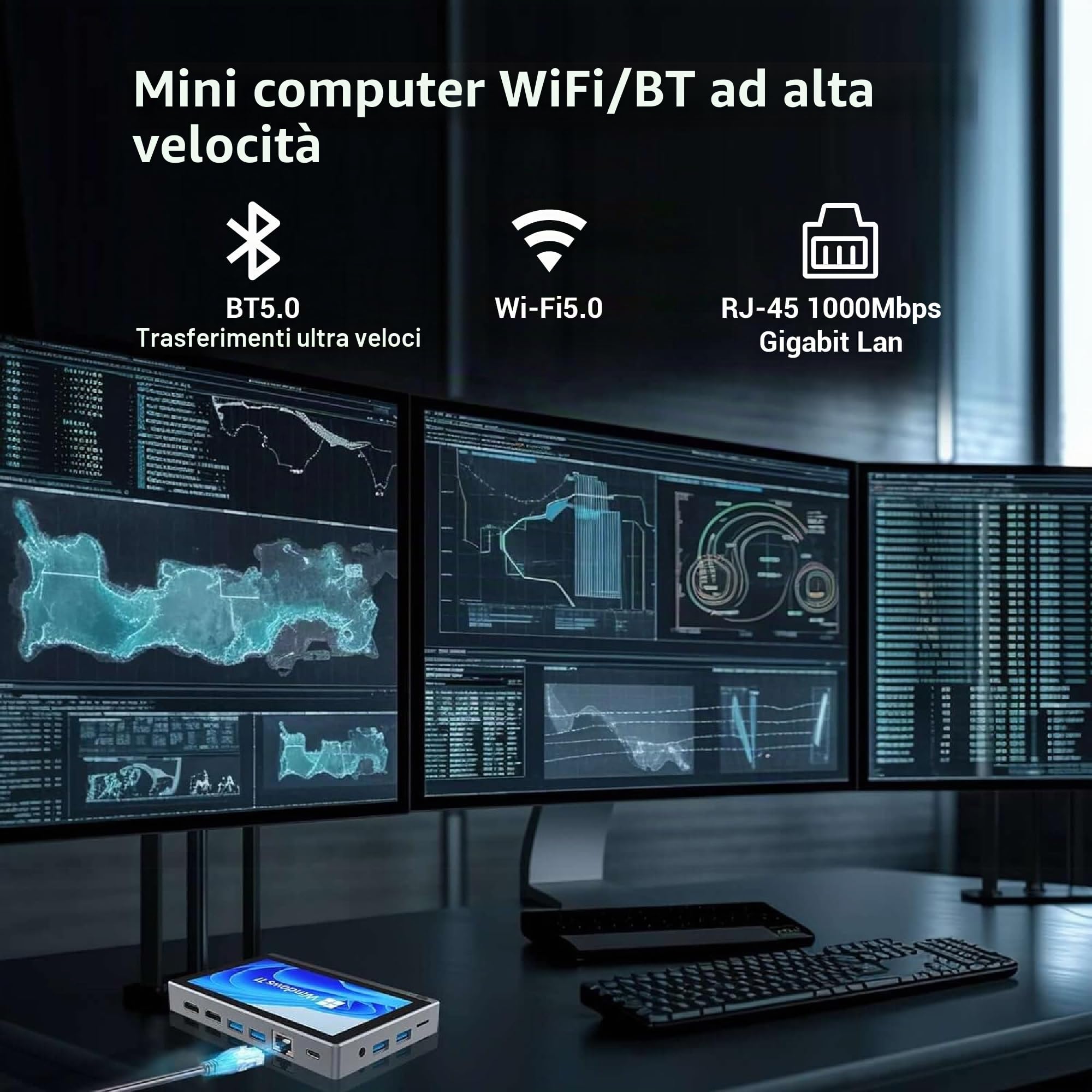 PC Mini Desktop Mini PC Celeron N5095 8GB RAM 128GB ROM con Ventola, Mini Computer Win 11 PRO con Schermo Tattile 5.5 Pollici, Doppio Display Output 4 K a 60 Hz, WiFi5 Gigabit Ethernet