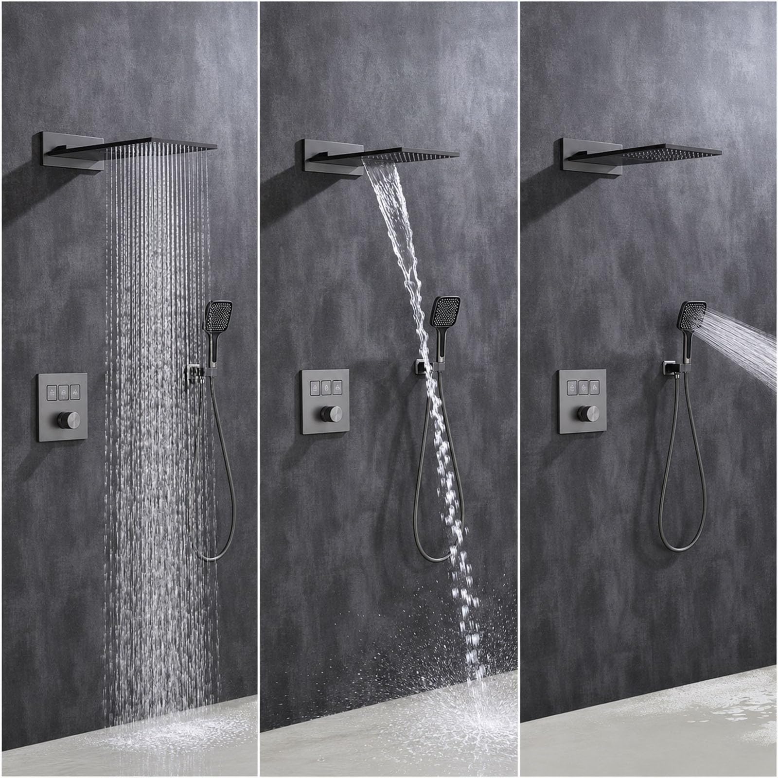 XJTNLB Columna Ducha de Pared Empotrado Negro Cascada Ducha Efecto Lluvia, Duchas de Baño Empotradas con Teclas de Piano