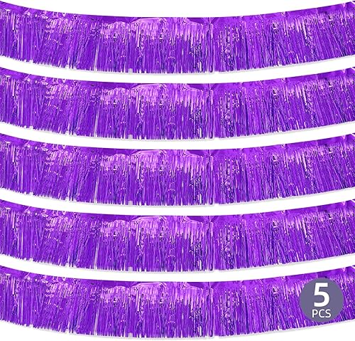 Paquete de 5 guirnaldas de flecos morados de 10 pies, guirnalda de flecos metálicos de oropel metálico, pancarta de fondo para desfiles, flotadores,