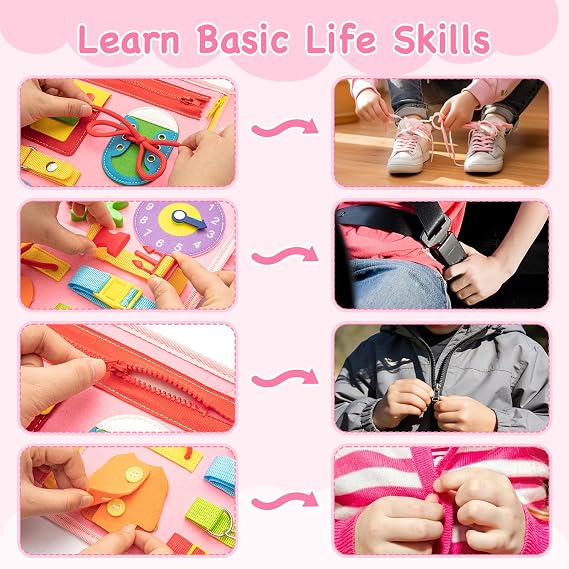 Busy Board for Toddlers, Montessori Sensory Toys Activity Board for Fine Motor Skills, Preschool Educational Learning Gifts for 1-5 Year Old Girls & Boys, Autism Toys(Pink)