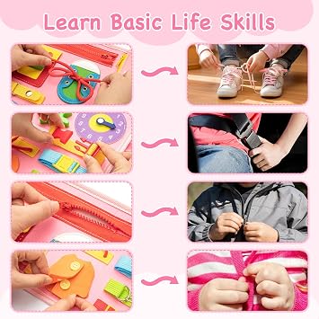 Busy Board for Toddlers, Montessori Sensory Toys Activity Board for Fine Motor Skills, Preschool Educational Learning Gifts for 1-5 Year Old Girls & Boys, Autism Toys(Pink)