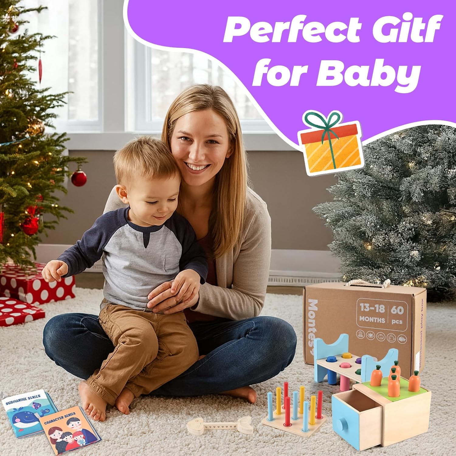 Wooden Montessori Toys for 1+ Year Old, 9 in 1 Learning Educational Toys, Wooden Toy with 3 in 1 Educational Box, Pound Bench, Shape Puzzle, Cloth Books, Fishbone Matching, Ring Stacker Toy