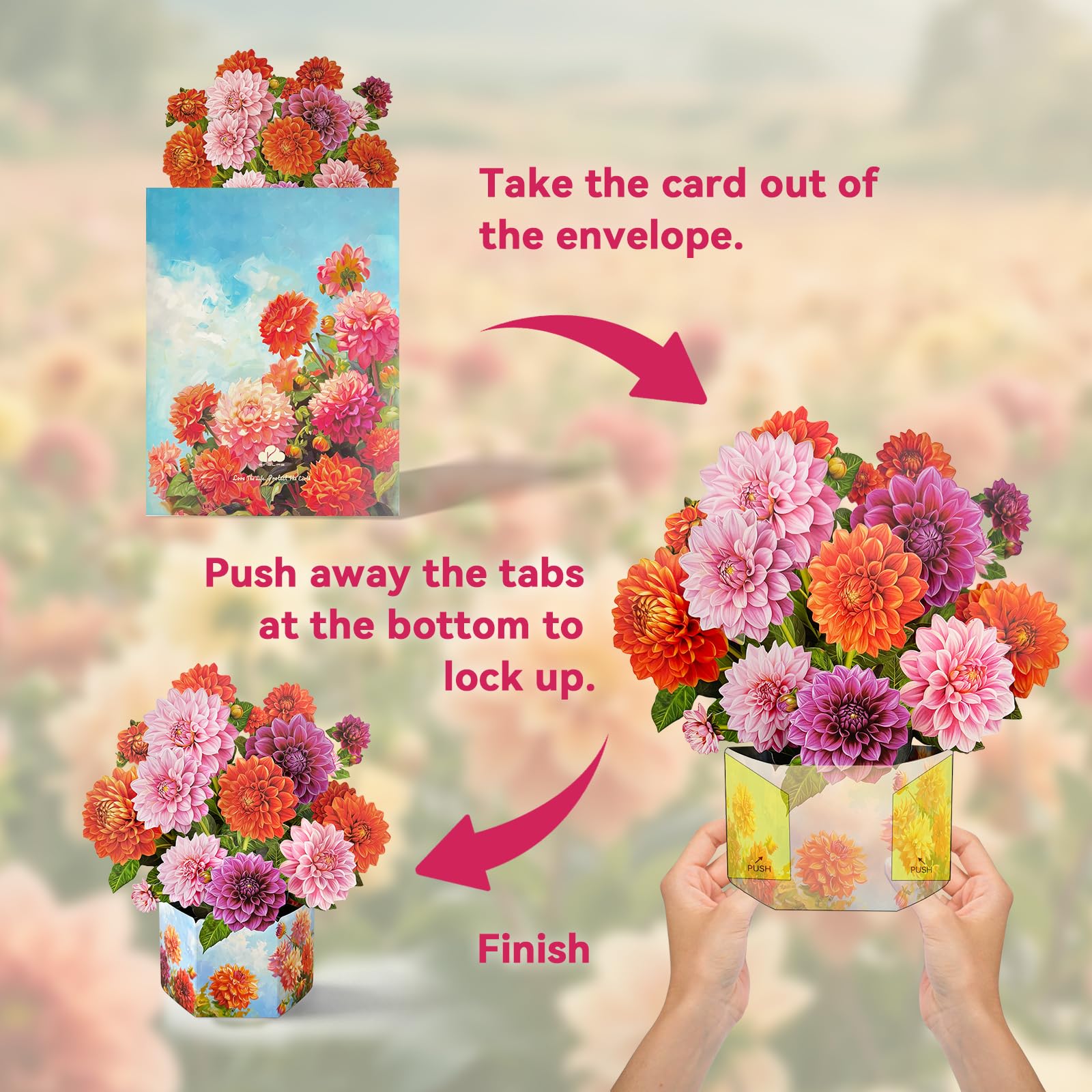 Tarjetas de felicitación desplegables, ramos de flores de papel de dalia