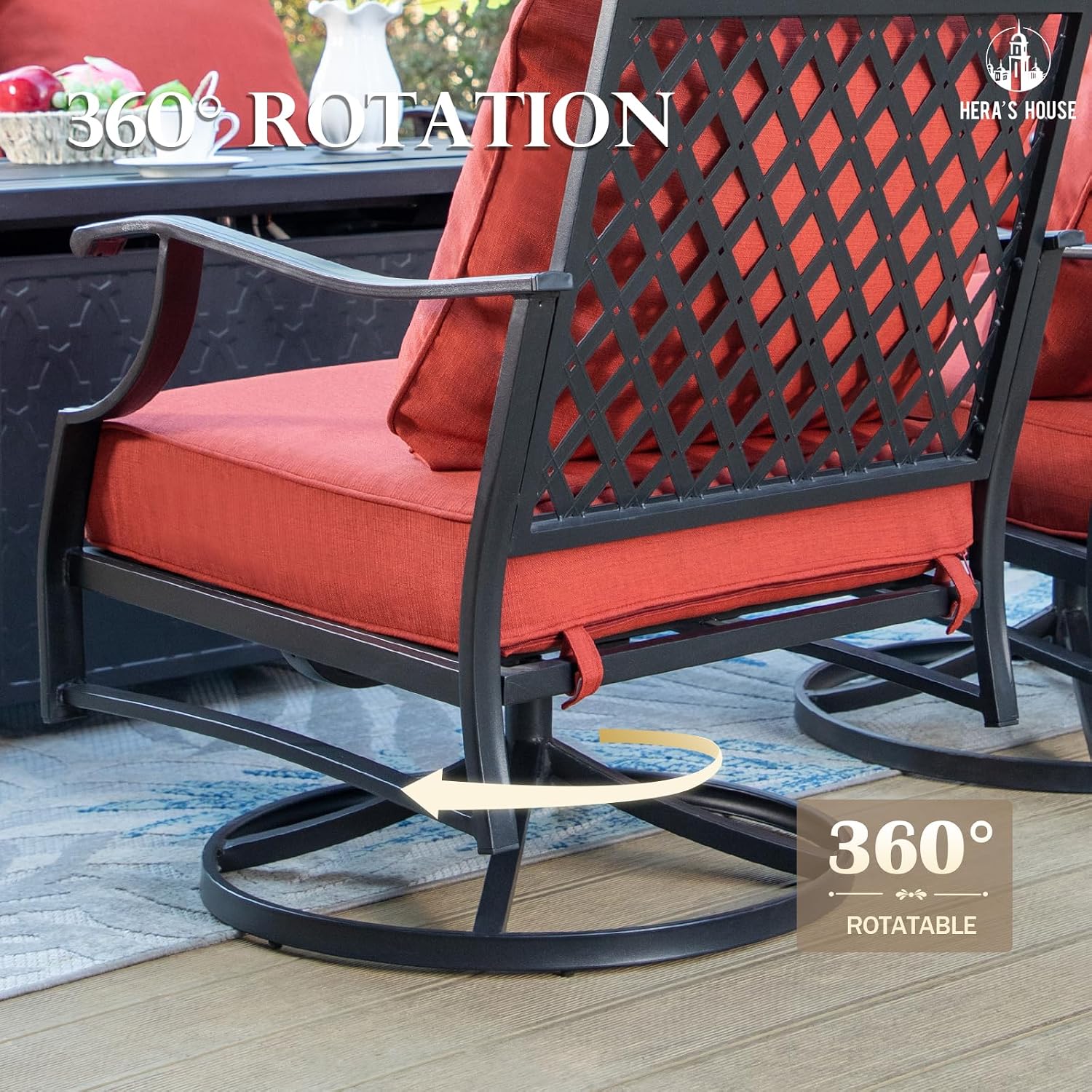 HERA'S HOUSE 5 Pieces Fire Pit Patio Furniture Set, 4 x Thick Cushioned Swivel Chairs with 28" Fire Pit Table (50,000 BTU), Outdoor Conversation Set for Garden Backyard Lawn, Red