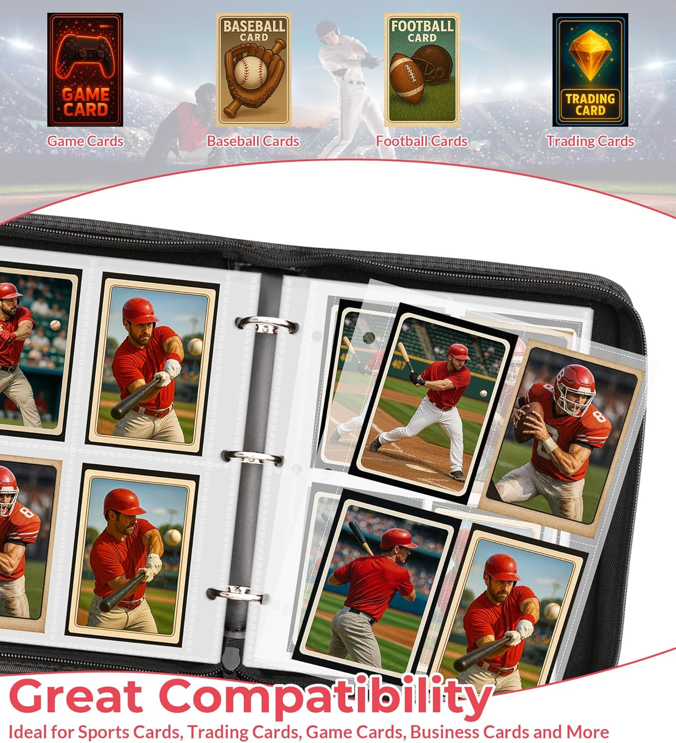 Baseball Card Binder 4 Pocket, 440 Trading Cards Collection Folder with 55 Sleeves, Zipper Card Organizer Album for Sports, Football, Collectible Card, 4 Pockets