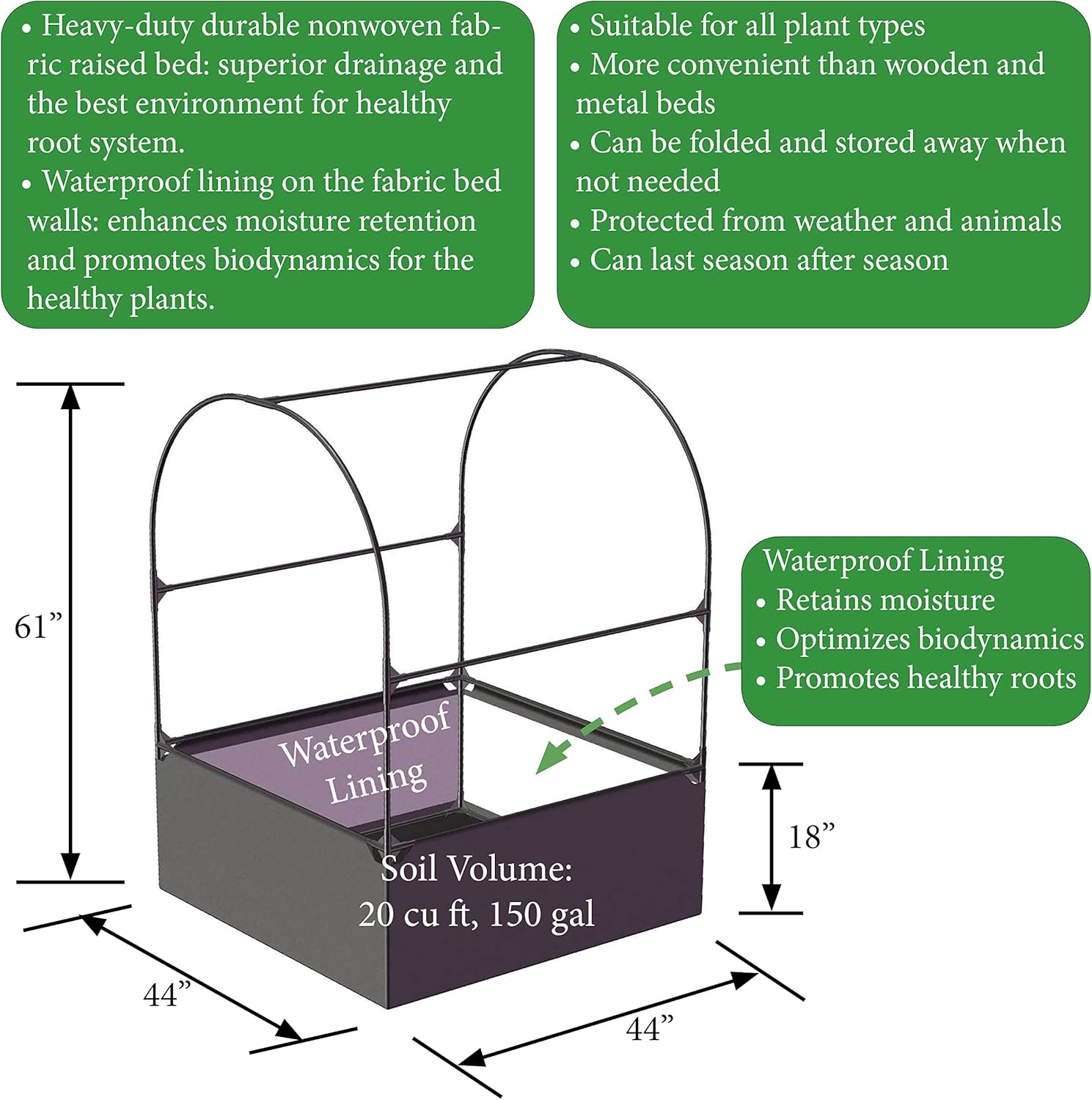 SIMPO 3-in-1 Garden System: Fabric Raised Garden Bed + Greenhouse Cover + Protective Net (44” x 44” x 61”)