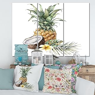 Pineapple With Coconut Plumeria and Palm Leaves Traditional Canvas Wall Art