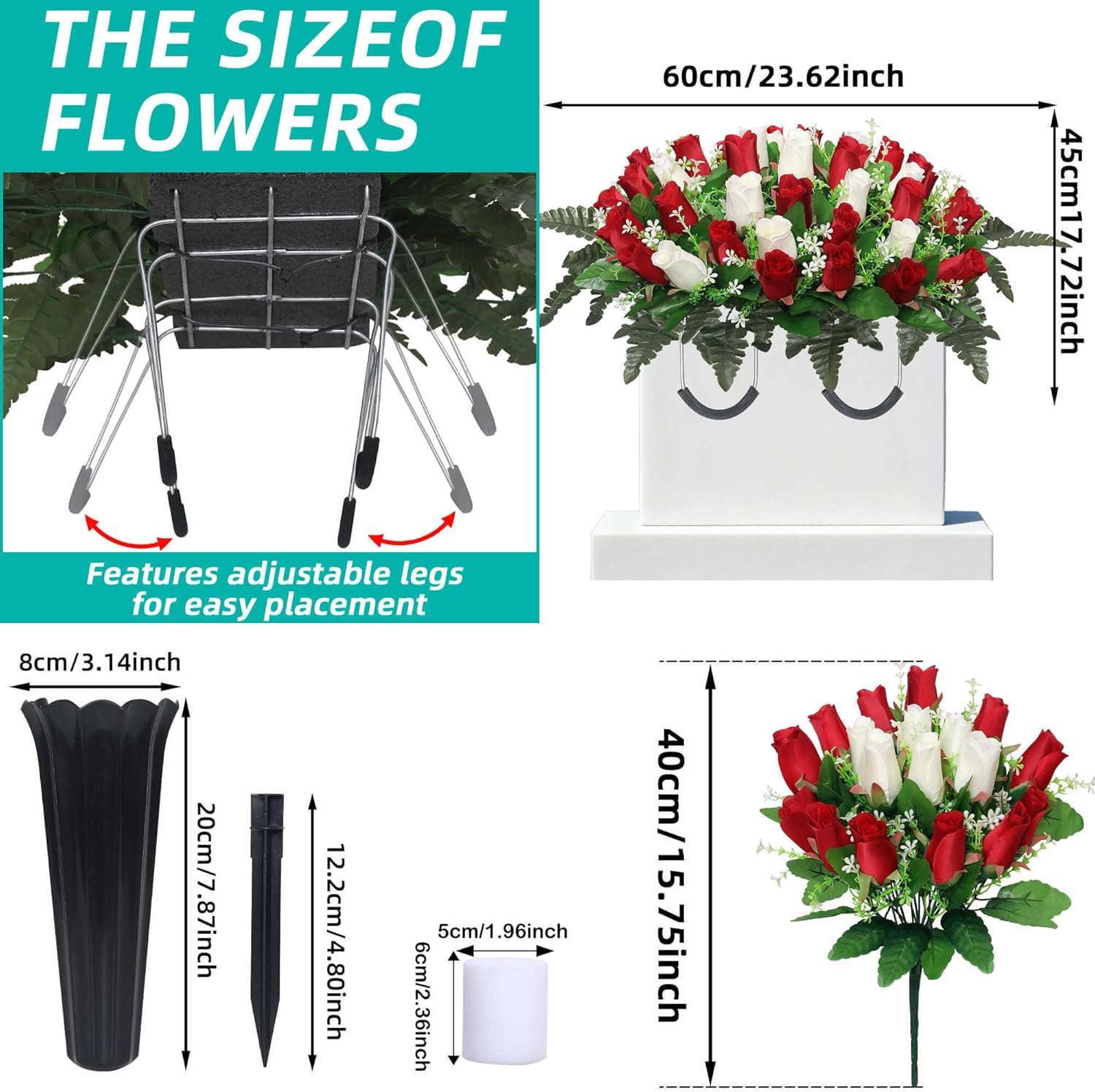 3 Pcs Artificial Cemetery Flower,Grave Flowers for Cemetery,Headstone Flower Saddle,Memorial Grave Flowers for Tombstone Decoration (Red White)