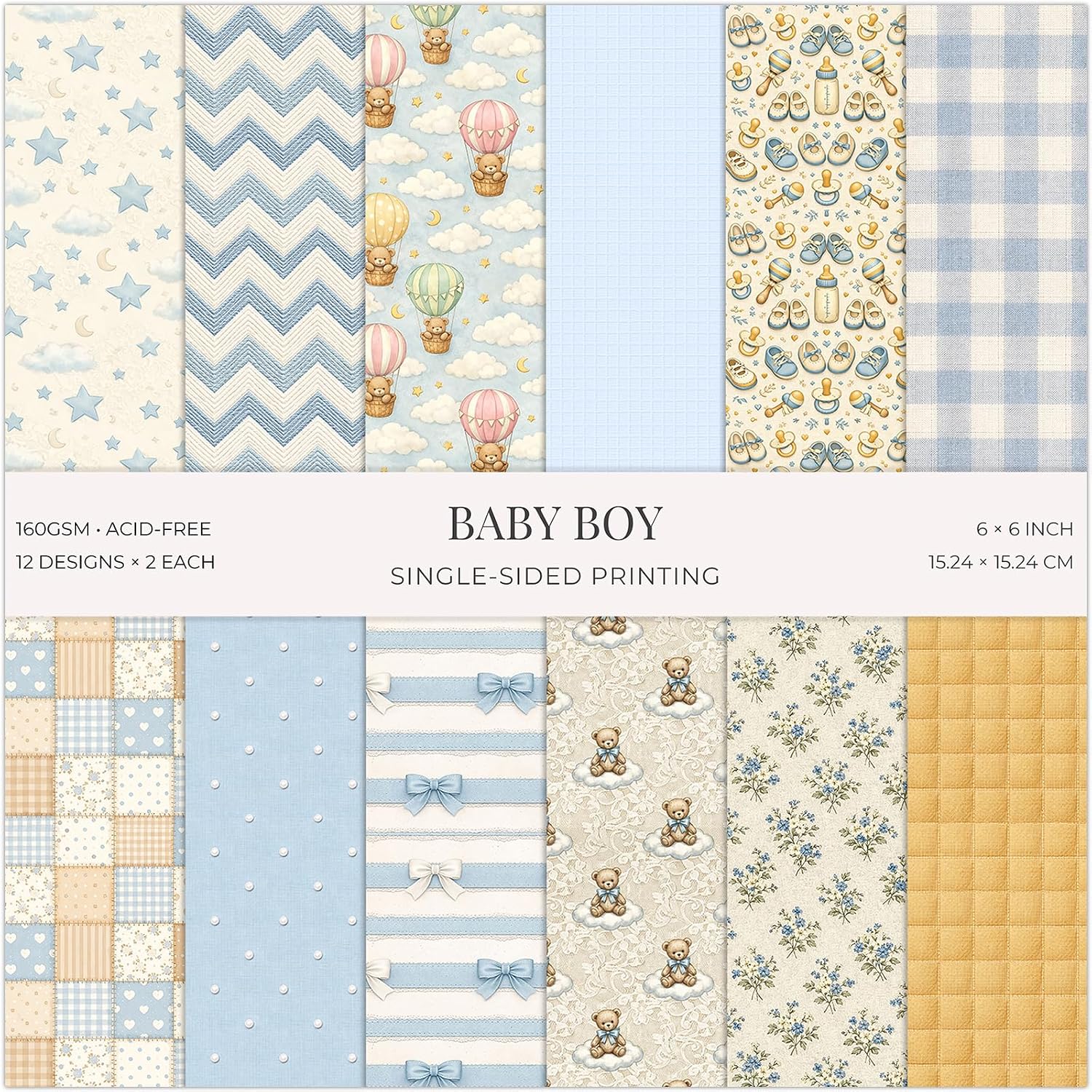 24 Sheets Baby Boy Scrapbook Paper Pad, 6x6 inch Heavyweight 160GSM Single-Sided Cardstock, Smooth Matte Vintage Sweet Nursery Patterned Paper for Card Making Photo Album Collage & DIY Crafts