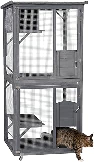 soges Outdoor Cat House with Waterproof Roof, Large Wooden Cat Cage Enclosure on Wheels for Patio,Outside Catio Cat Shelter for Playpen and Resting Box Platforms, Cat Condo with Iron Mesh,Gray,30HNSLCV01-GR-CA