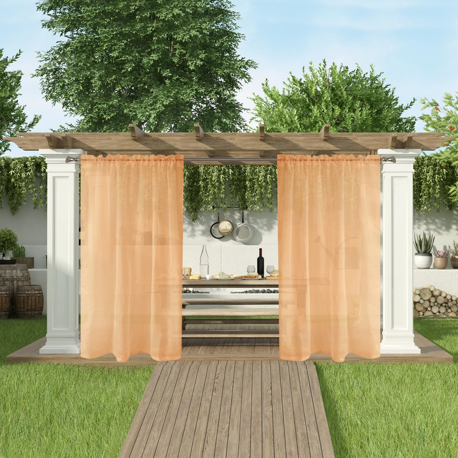 SpaceDresser Transparente Vorhänge für den Außenbereich, wasserdicht, für Terrasse, 4 Paneele, Stangentasche, Voile, durchscheinender Vorhang für Wohnzimmer, 132 x 244 cm, Beige