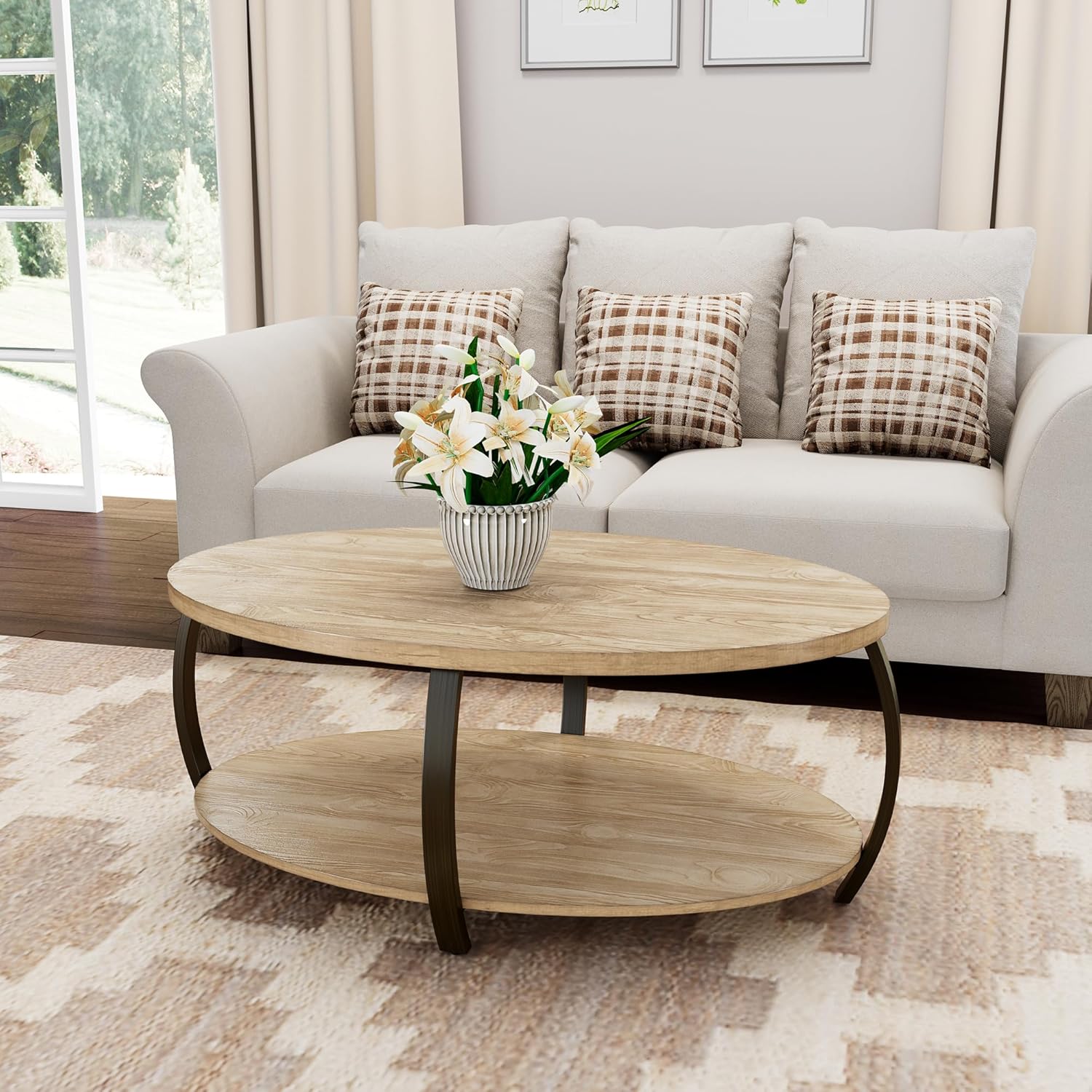 LEEMTORIG Drum Coffee Table Oval Wood Coffee Table for