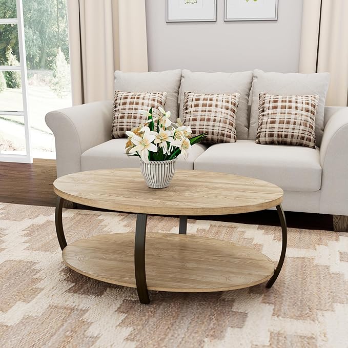 Amazon.com: 2 Tier Wood Oval Coffee Table, 43 inch Solid Wood Cocktail ...