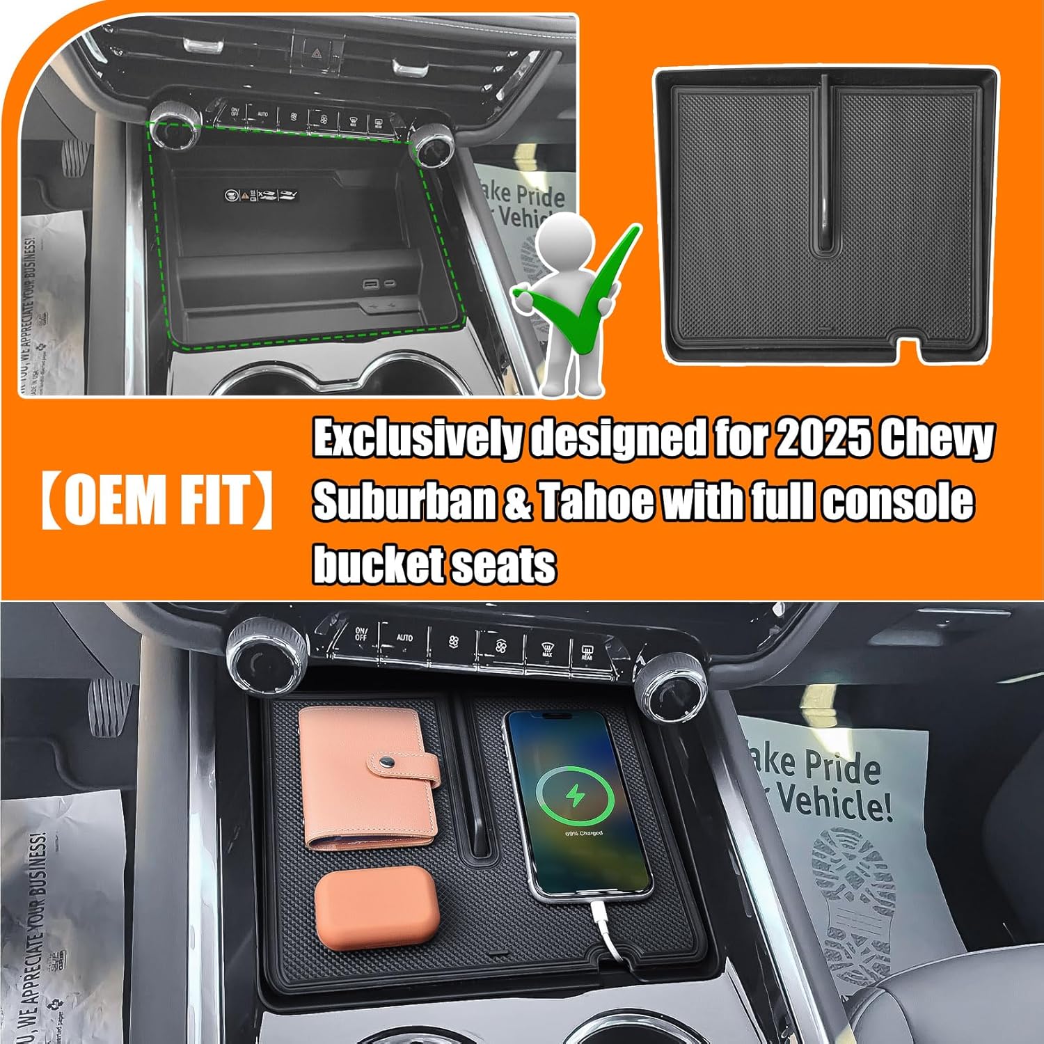 TACOBRO Interior Dashboard Storage Organizer and Front Center Consol Tray Compatible with 2025 Chevy Tahoe & Suburban Accessories, Dash Mounted Tissue Holder Tray Box ABS Black（Only Fits Standard Mode