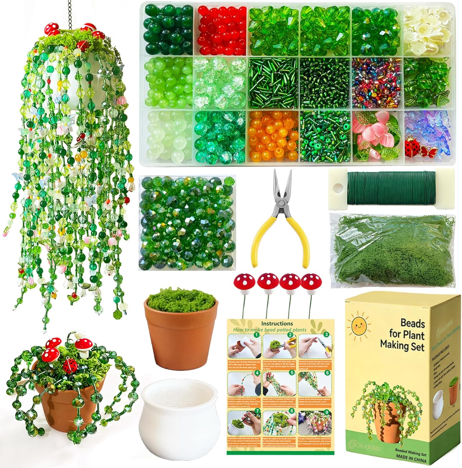 Forever Plant Kit Green Glass Beads for Plant Making,Leaf Flower Beads for Beaded Plants with Plant Pot, Green Beads for Jewelry Making DIY Crafts Kit Plants Lover Gifts