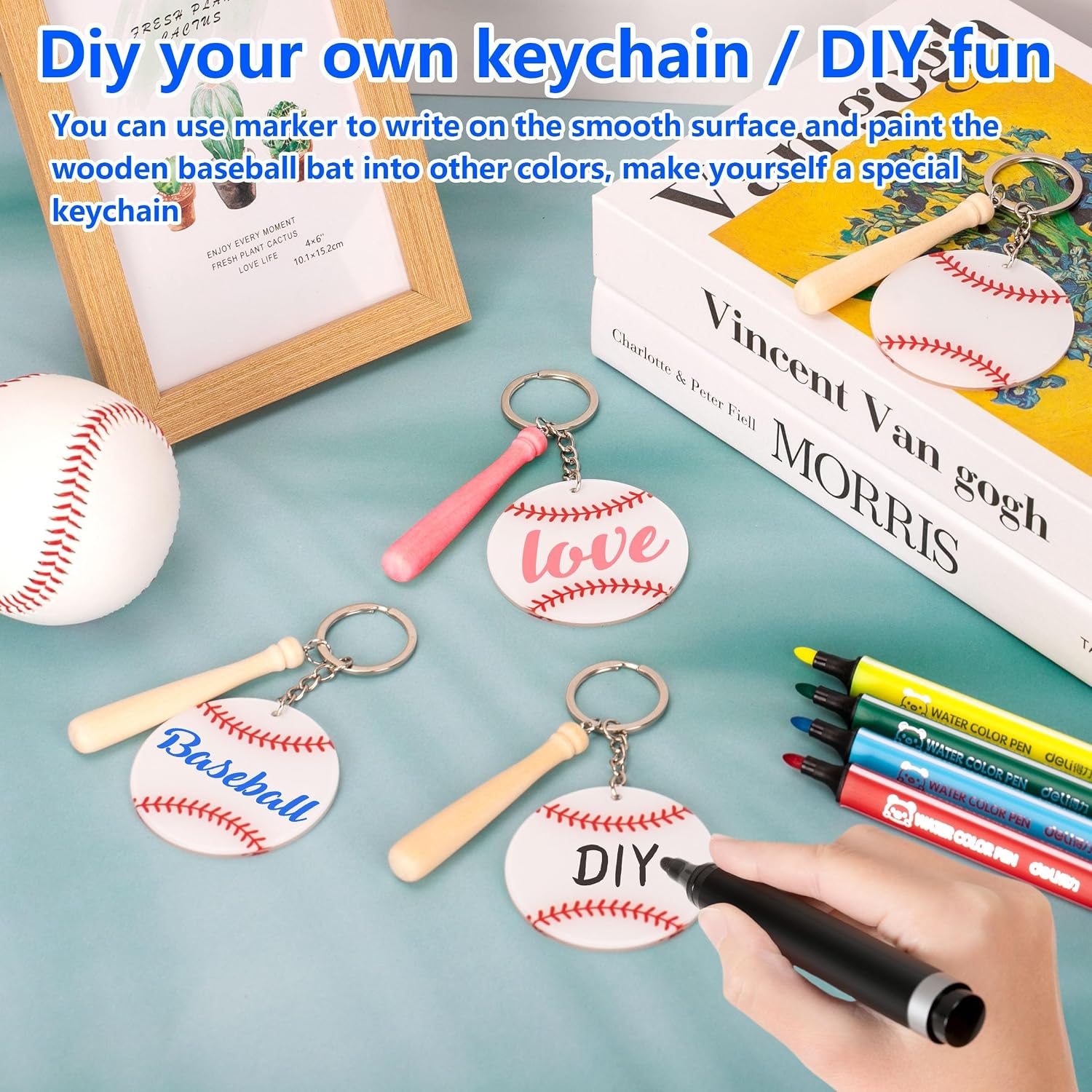 Lesnala 12Set Baseball keychain kit Acrylic baseball keychain with mini baseball bat Personalized baseball gifts for Sublimation DIY Crafting Keychain Baseball goodie bags favors Sports tags