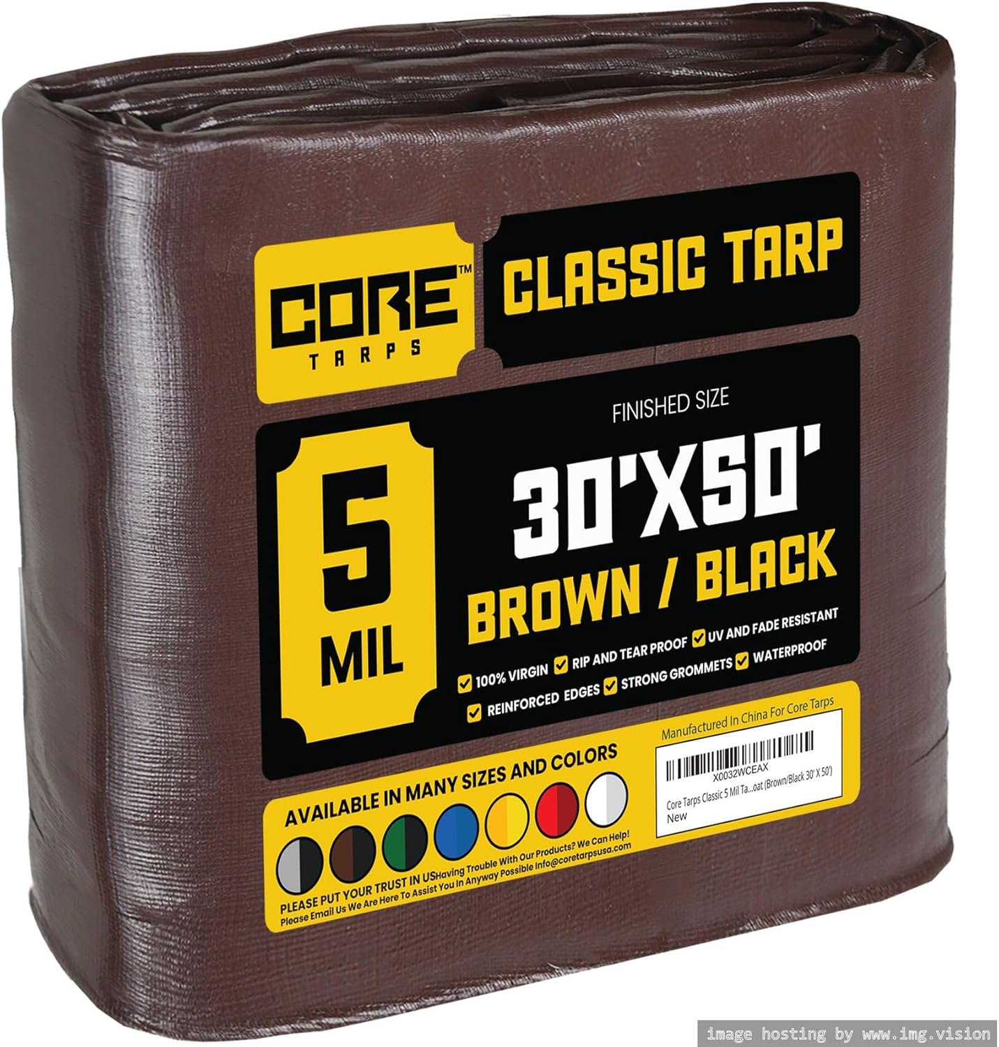 Core Tarps Classic 5 Mil Tarp Cover, Waterproof, UV Resistant, Rip and Tear Proof, Poly Tarpaulin with Reinforced Edges for Roof, Camping, Patio, Pool Cover, Boat (Brown/Black 30 X 50)