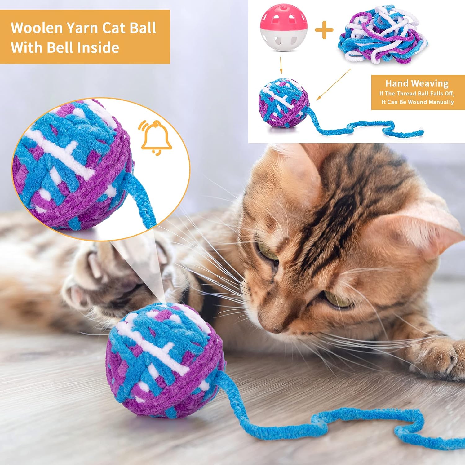 Cat Toy Balls, Woolen Yarn Cat Ball with Bell Inside and Cat Spring Toys, Cat Toys for Indoor Cats, Interactive Cat Chew Toys for Kittens, 6 Pack : Pet Supplies