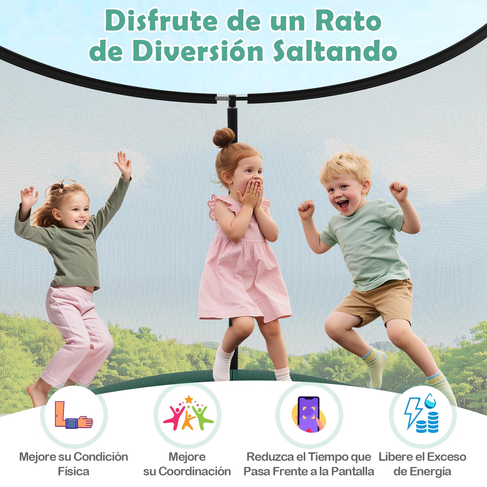 COSTWAY Cama Elastica Infantil Ø 244 cm/305 cm/366 cm, Trampolín para Exteriores de Jardín con Red de Seguridad para Niños 3+ años y Adultos, Trampolín de Interior