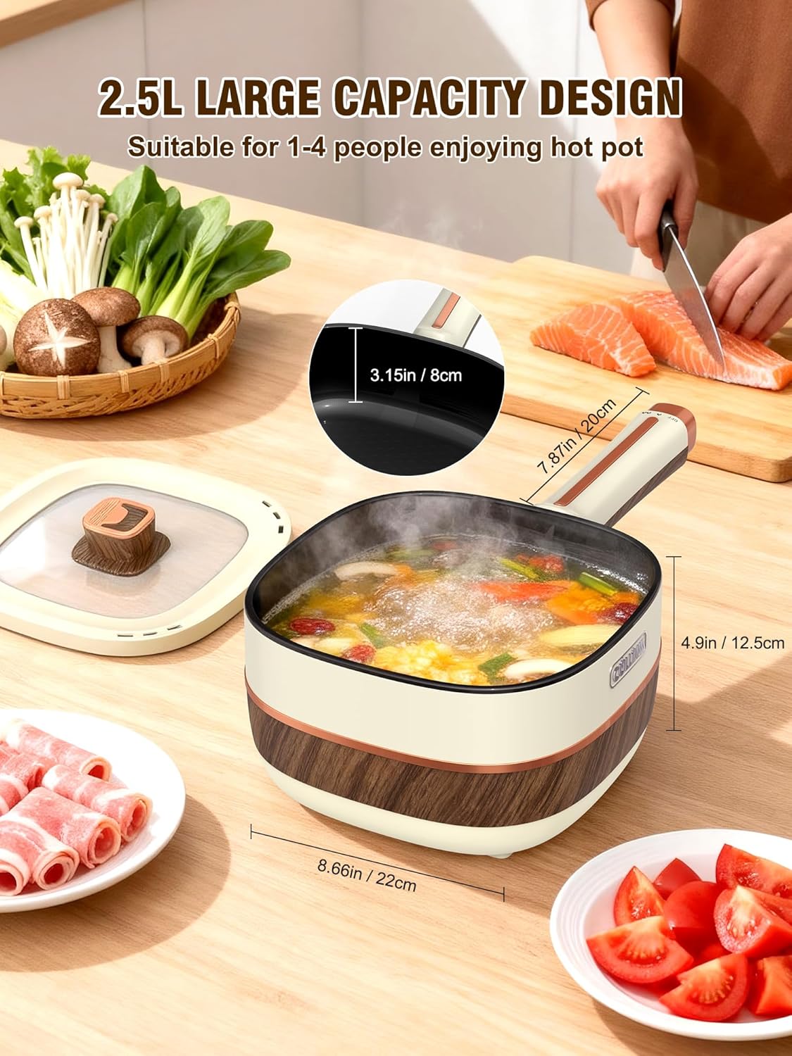 Hot Pot Electric for Cooking 2.5L Non-Stick Portable Cooker Frying Sauté Pan for Ramen Soup Oatmeal Steak Dorm Room Travel Lazy Pot with Power Adjustment (Silicone Spatula Included)