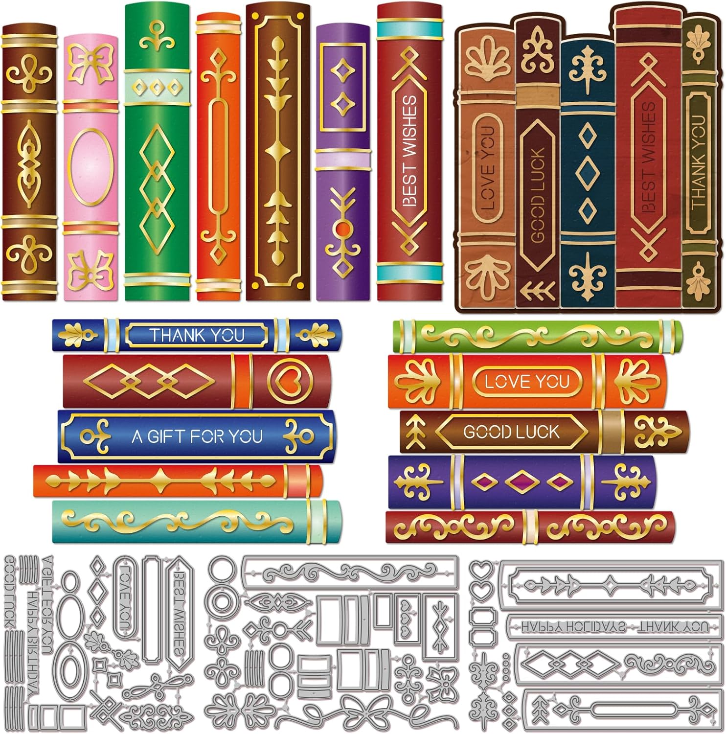 GLOBLELAND Book Spine Decorations Cutting Dies for Card Making Books Metal Die Cuts Best Wishes Cutting Dies Templates for Scrapbooking Journal Embossing Paper Craft Decor
