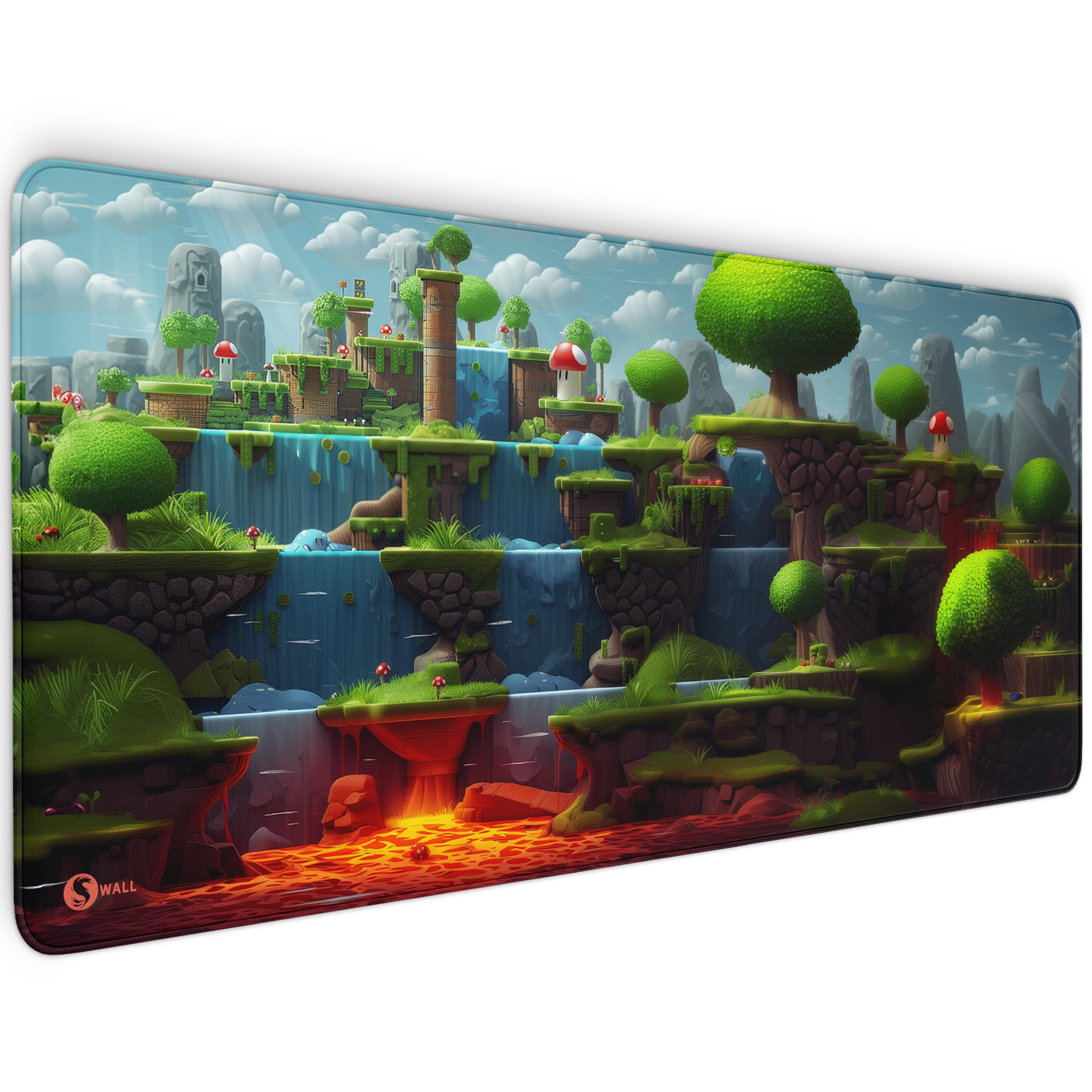Tapis de souris de jeu XXL - 4 mm d'épaisseur - Surface ultra lisse avec bords cousus - Antidérapant, moderne et durable - Avec papier peint de bureau (Game 2D World, 900 x 400 x 4 mm)