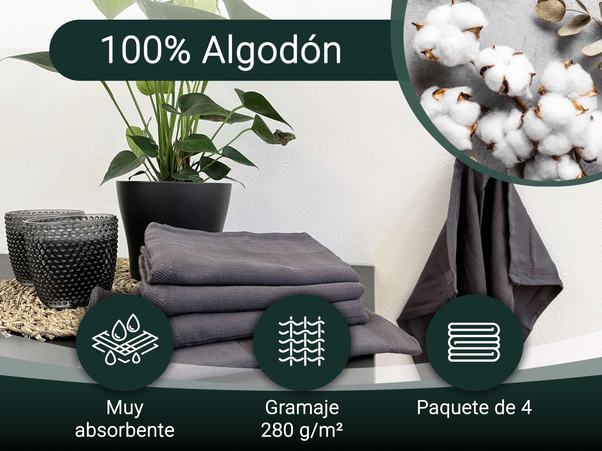 ZOLLNER 5 paños de Cocina Grandes 100% algodón, 50x70 cm, Rayas Gris Oscuro