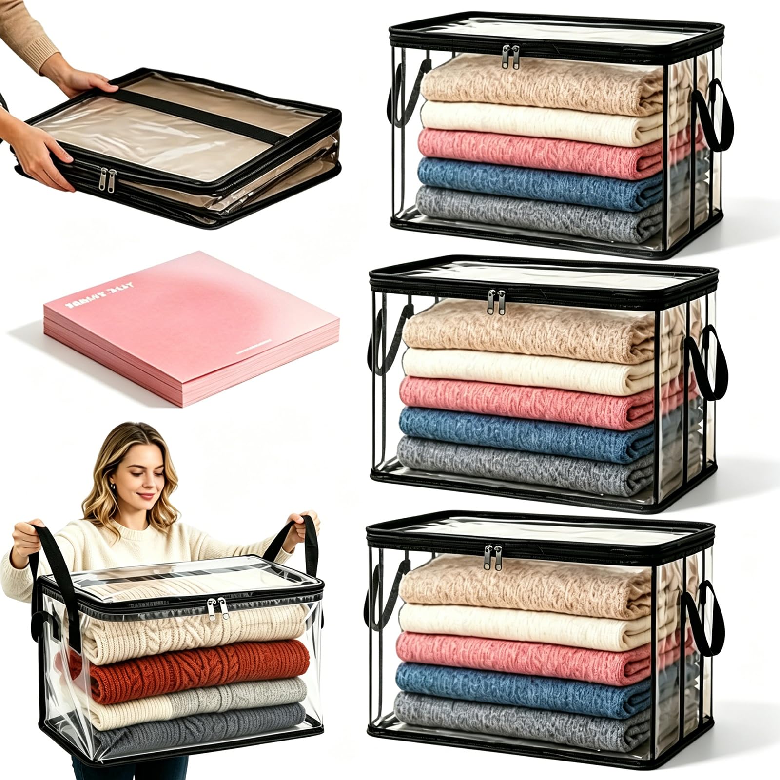 Large Heavy-Duty Thick Plastic Clear Storage Bag for Clothes, Moving & Storage, Clear Stackable Storage Bins with Reinforced Handles & Zipper, Packing Boxes for College Moving, Books, Blankets (A1,3)
