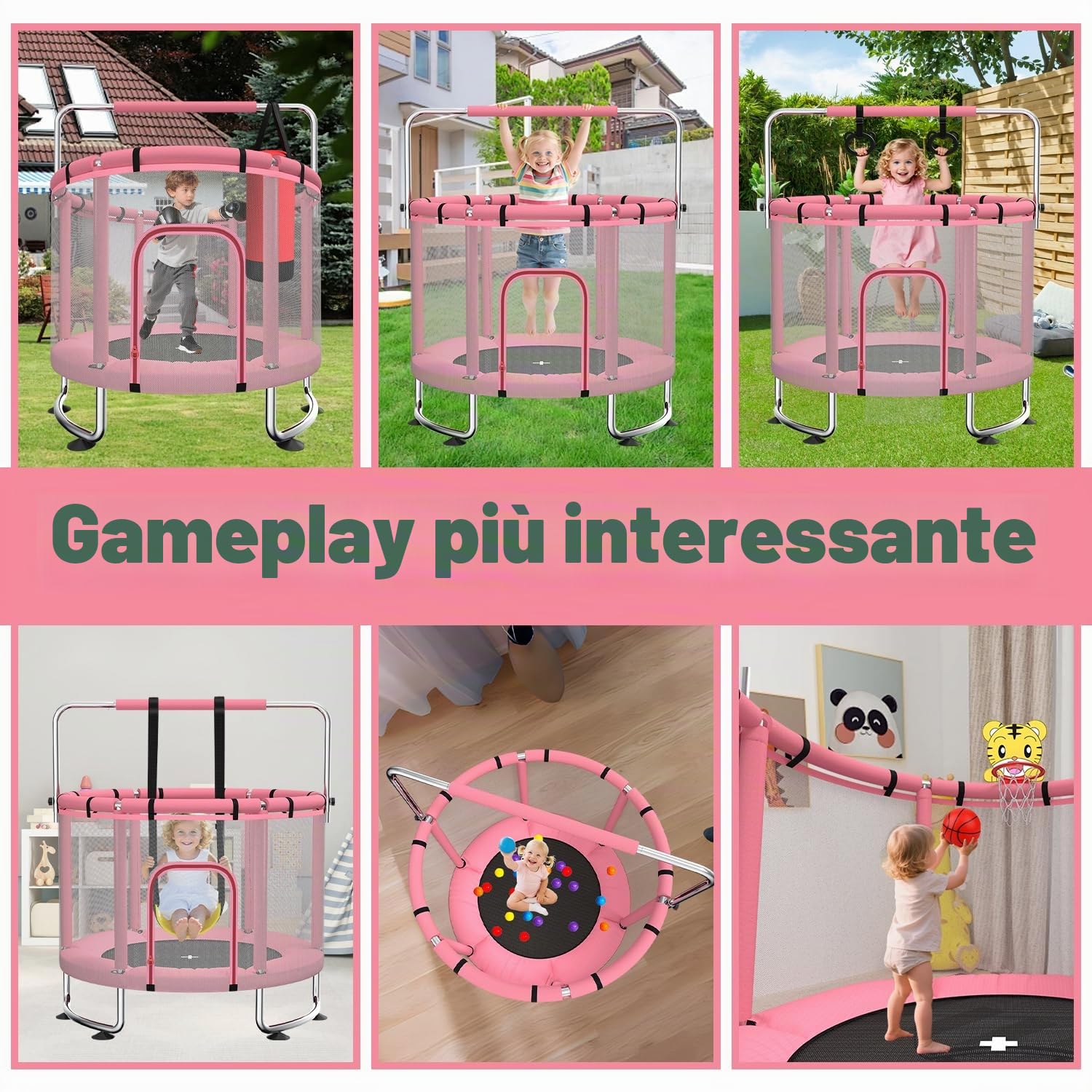 Trampolino per bambini da 140 cm per interni/esterni, capacità di carico 50 kg, con rete di sicurezza, barra da ginnastica regolabile e canestro da basket, regalo per bambini e bambine