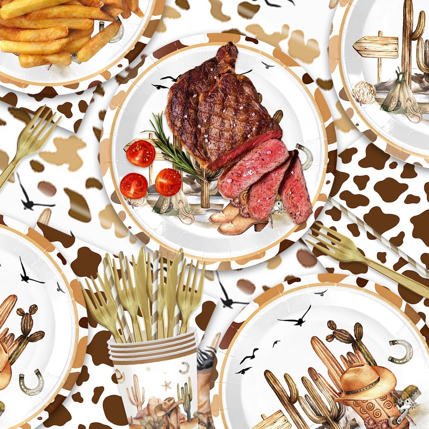 141Pcs Western Cowgirl Party Decorations Cowboy Plates and Napkins Cups Forks Knives Straws Tablecloch for Baby Shower Wild West Cowboy Birthday Party Decorations - Image 6