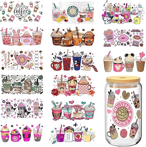 Calcomanías de transferencia de copa UV DTF para vidrio, 15 hojas de transferencia de tazas para manualidades, calcomanías para tazas de vidrio