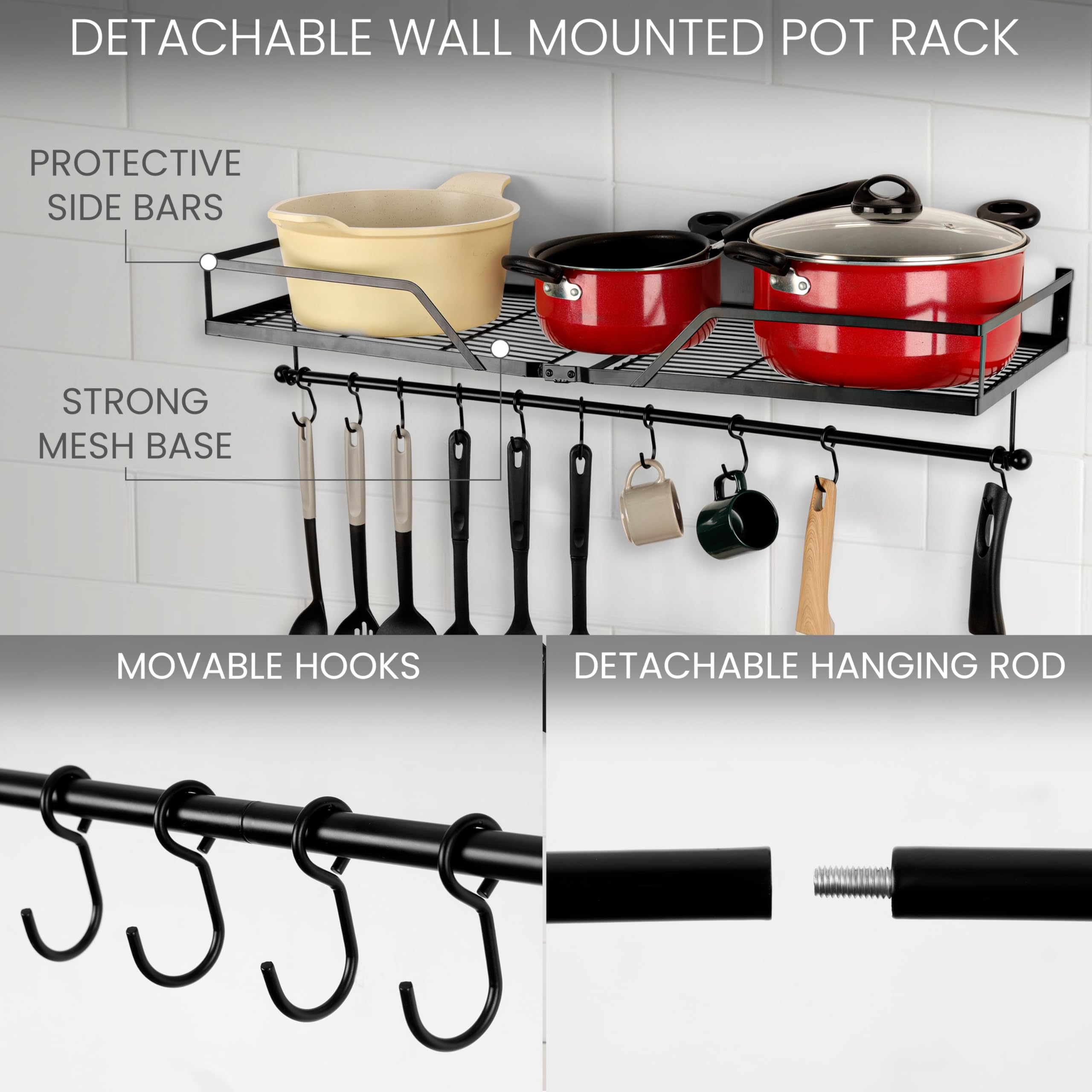 BELLE VOUS Organizer per Pentole e Padelle - 3 in 1 - Scaffale da Cucina in Metallo - Mensola con Barra Portautensili - con Ganci e Porta Coperchi - Appendi Utensili da Muro