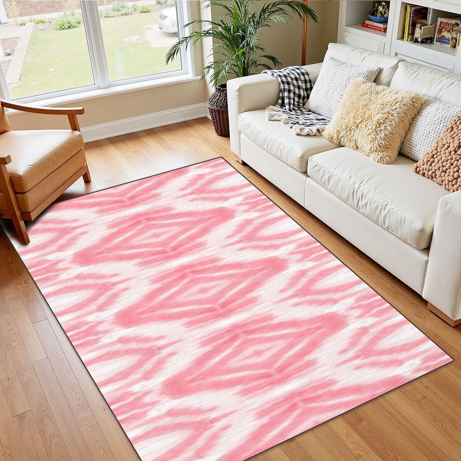 4x5 Pink Boho Rug Rugs for Living Room Rugs for Entryway Distressed Brush Texture Pattern Tie Dye Vintage Pink White Bedroom Rug for Girls Door Mat Nursery Room Decor Rainbow Carpet