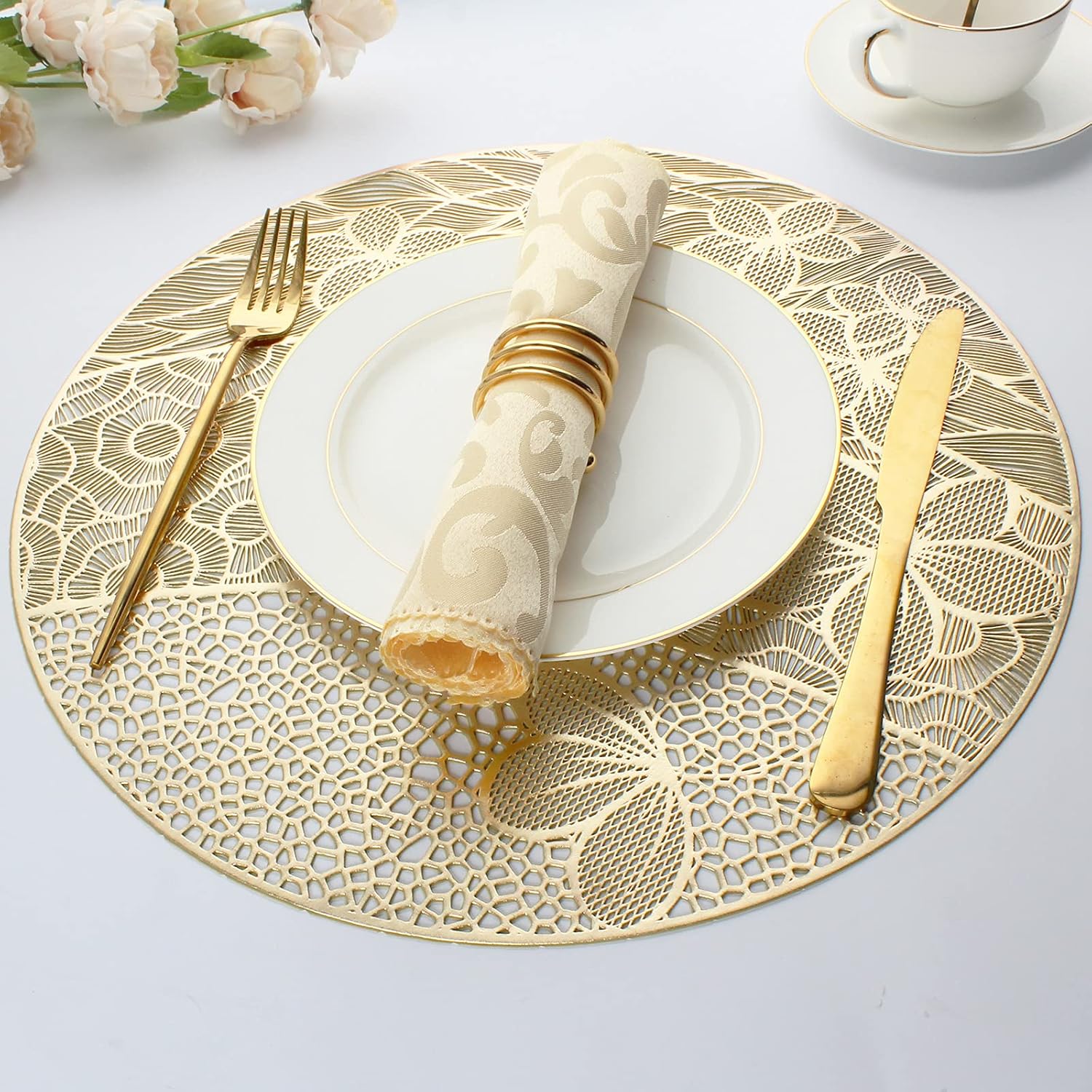 Evevda Gold Round Placemats for Dinner Table Set of 6 No-Slip Wipeable Flower Pattern Table Mats Metallic Plastic Vinyl Place Mats for Anniversary Daily Use Daily Use(Dia:15inch/38cm) : Home & Kitchen