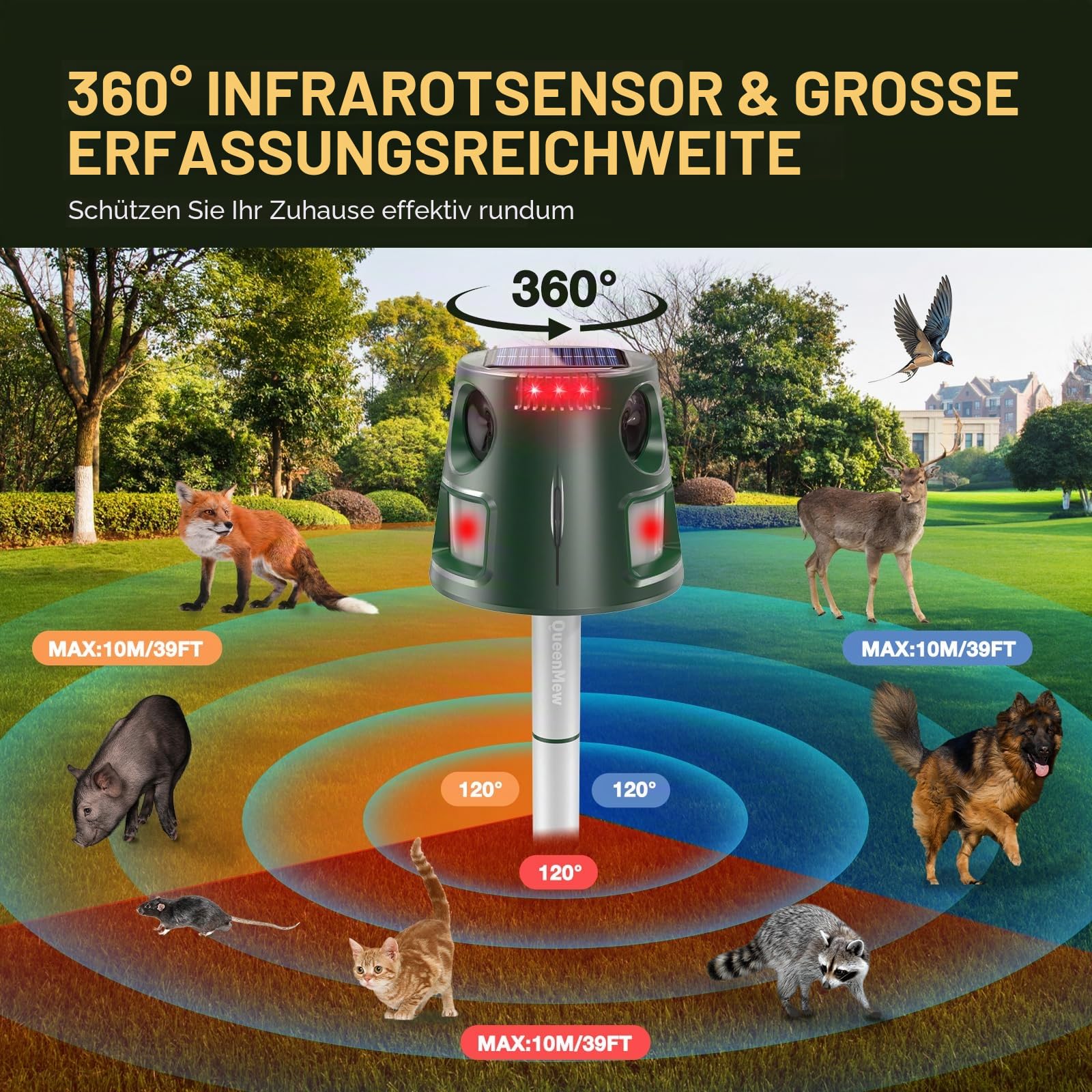 Katzenschreck für Außenbereich, 360° Solarbetriebene Tierkontrollgeräte Vogelschreck mit Bewegungssensor und Blinklicht, 5 Modi Wasserdichter Tierabwehr für Eichhörnchen Waschbären Marder Kaninchen