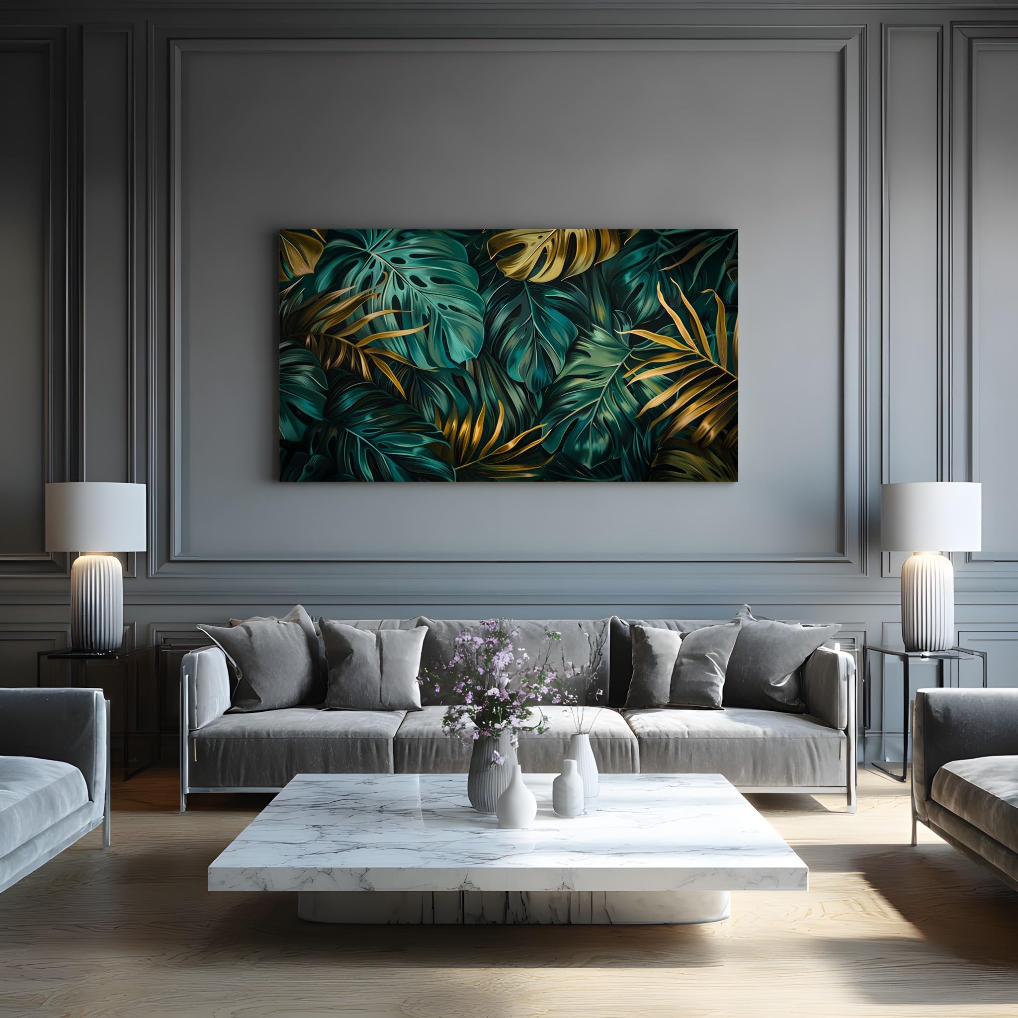 Wandbild Groß XXL Dschungel Fensterblatt Leinwandbilder Rahmen Botanisch | Palmblätter Bilder für Wohnzimmer & Schlafzimmer Luxuriöse Goldene Blätter Foto auf Leinwand Wanddekoration 60x120cm