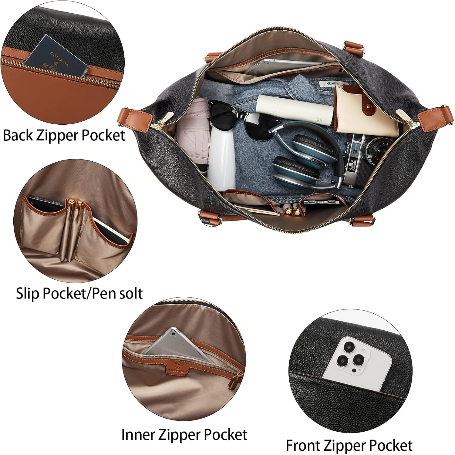 BOSTANTEN Weekender Bags for Women Leather Duffle Bag for Travel Overnight Duffel Carry on Large Tote with Trolley Sleeve and Luggage Tag - Image 4