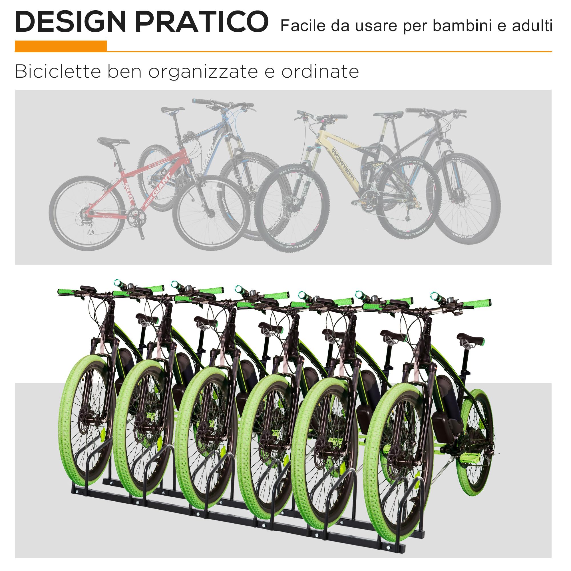 HOMCOM Rastrelliera Biciclette da Pavimento o Parete, Portabici da Terra per 6 Biciclette in Acciaio, Ruote Fino 65 mm, 179x33x27 cm, Nero