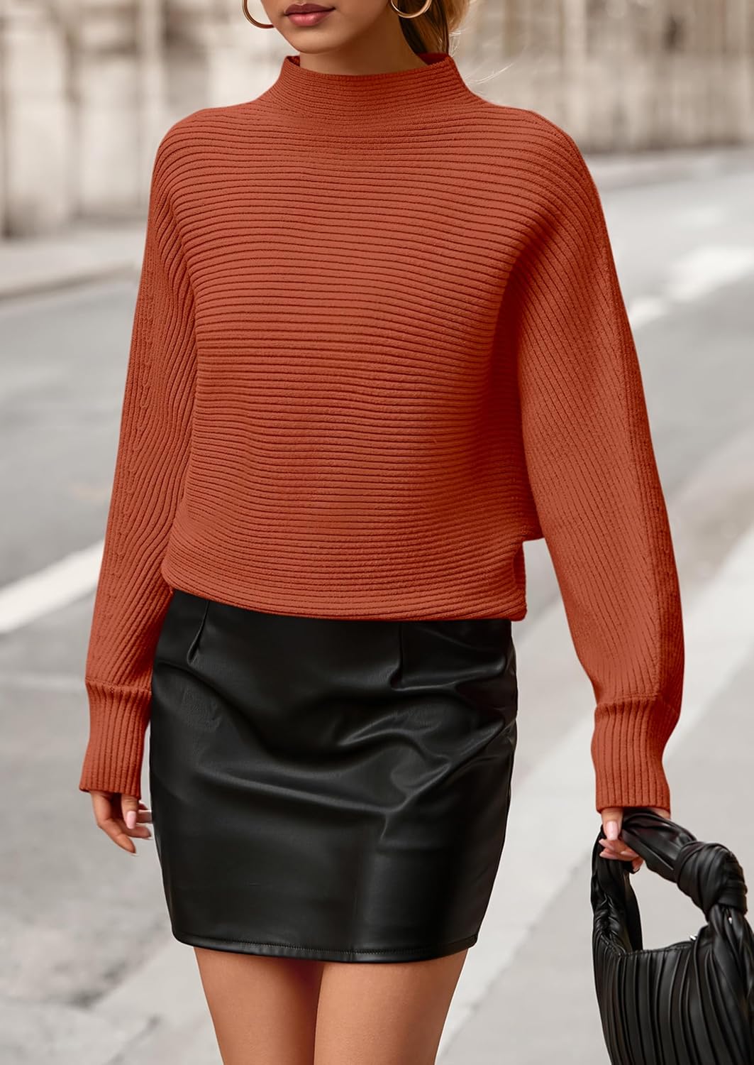 PRETTYGARDEN Womens Batwing Long Sleeve Sweaters Casual Mock Neck Ribbed Knit Cozy Pullover Sweater Tops 2026 Spring Clothes - Image 4