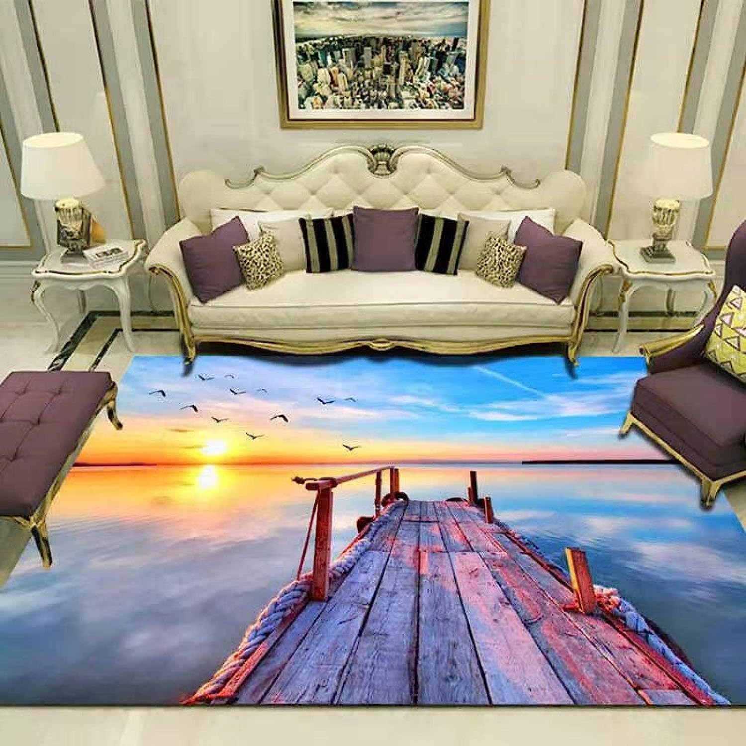 3D Illusion Teppich Optischer Täuschung Bodenmatte Holzbrücke Mit Sonnenaufgang Und Meerblick Wohnzimmer rutschfest Fußmatten Vielseitige Wohnaccessoires - Polyester-Soft-Touch, 120 X 160 cm / 47,2 X