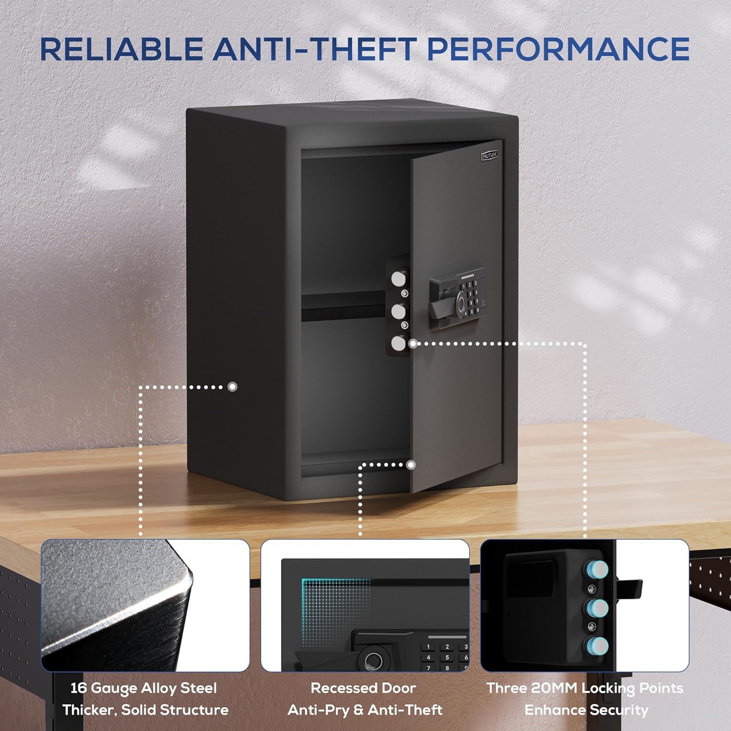 2.0 Cub Biometric Safe Box with Fireproof Bag, Quick-Access Fingerprint with Keys, Digital Keyboard, Type-C Port, Dual Alarm System Safety Box for Home, Office, Hotel Use(Black)