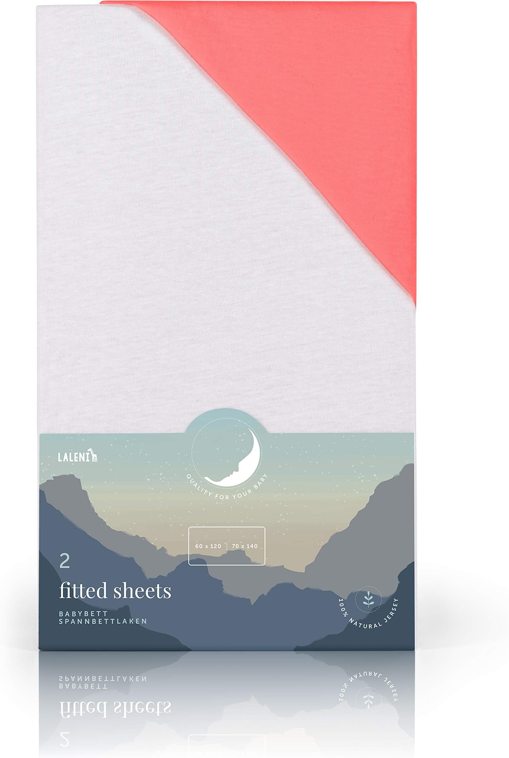 Blumtal Set of 2 Cot Bed Sheets - Soft 135gsm Cotton Travel Cot Sheets - 140 x 70 cm, White & Coral