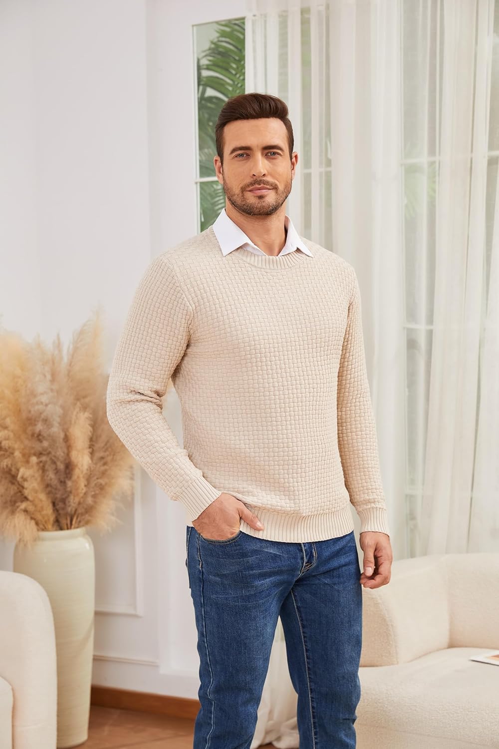 Zaitun Men's Crewneck Sweater Pullover Long Sleeve Solid Waffle Knitted Pullover Casual Sweaters - Image 5