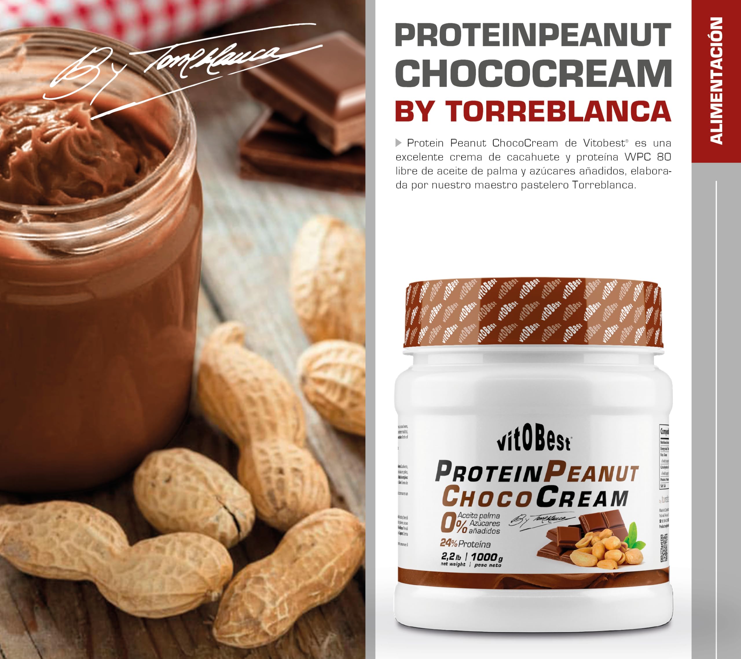 VITOBEST | Cremas Protein Peanut ChocoCream (by Torreblanca) | Crema de cacahuete 100% natural con chocolate y proteína WPC 80 | Sin azúcares añadidos, grasas hidrogenadas y aceite de palma | 1 kg